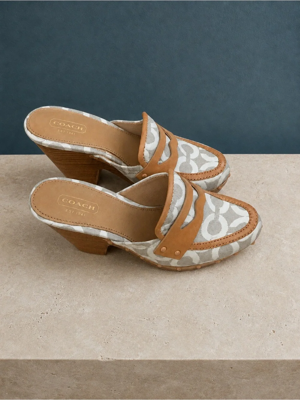 Coach Tan & Cream Signature Canvas Clog Heels Size 6.5
